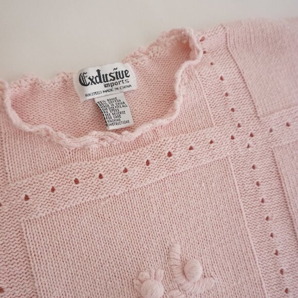Vintage Exclusive Imports Pink Knit Embroidered Floral Pom Pom Crew Sweater M - Picture 11 of 12